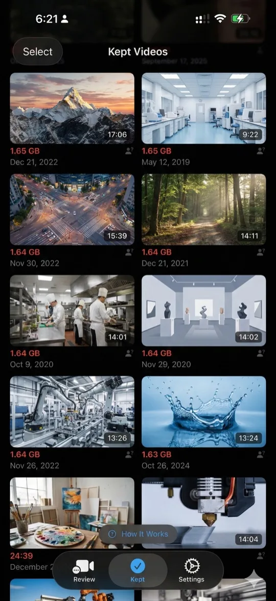 Kept Videos screen
