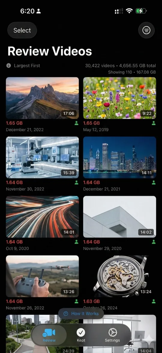 Review Videos screen