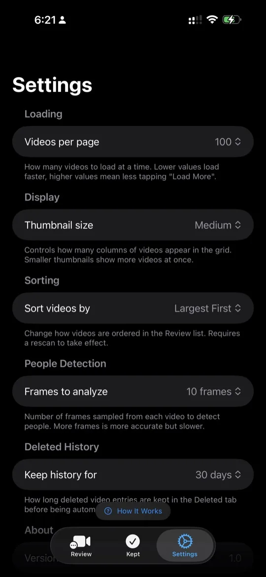 Settings screen