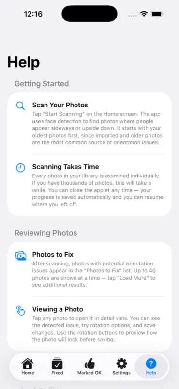 Getting Started help guide explaining scanning and reviewing photos